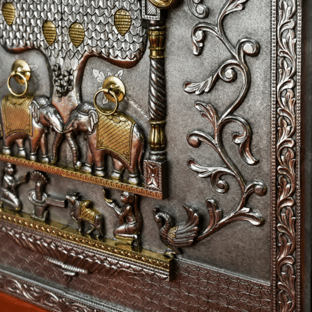 Silver Mounted Teak Wood Temple Door close View